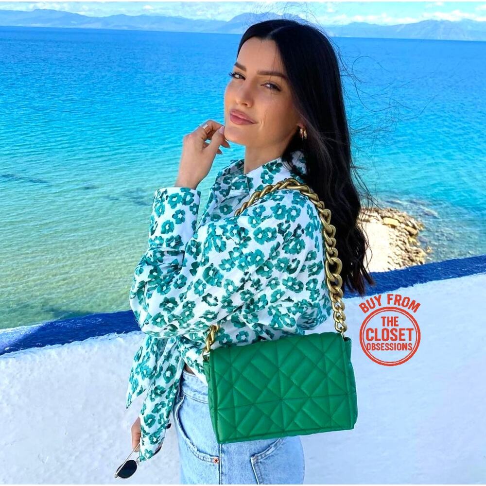 ZARA Green Quilted Chain Shoulder Bag NWT Gold Chain Purse OS - Picture 6 of 16